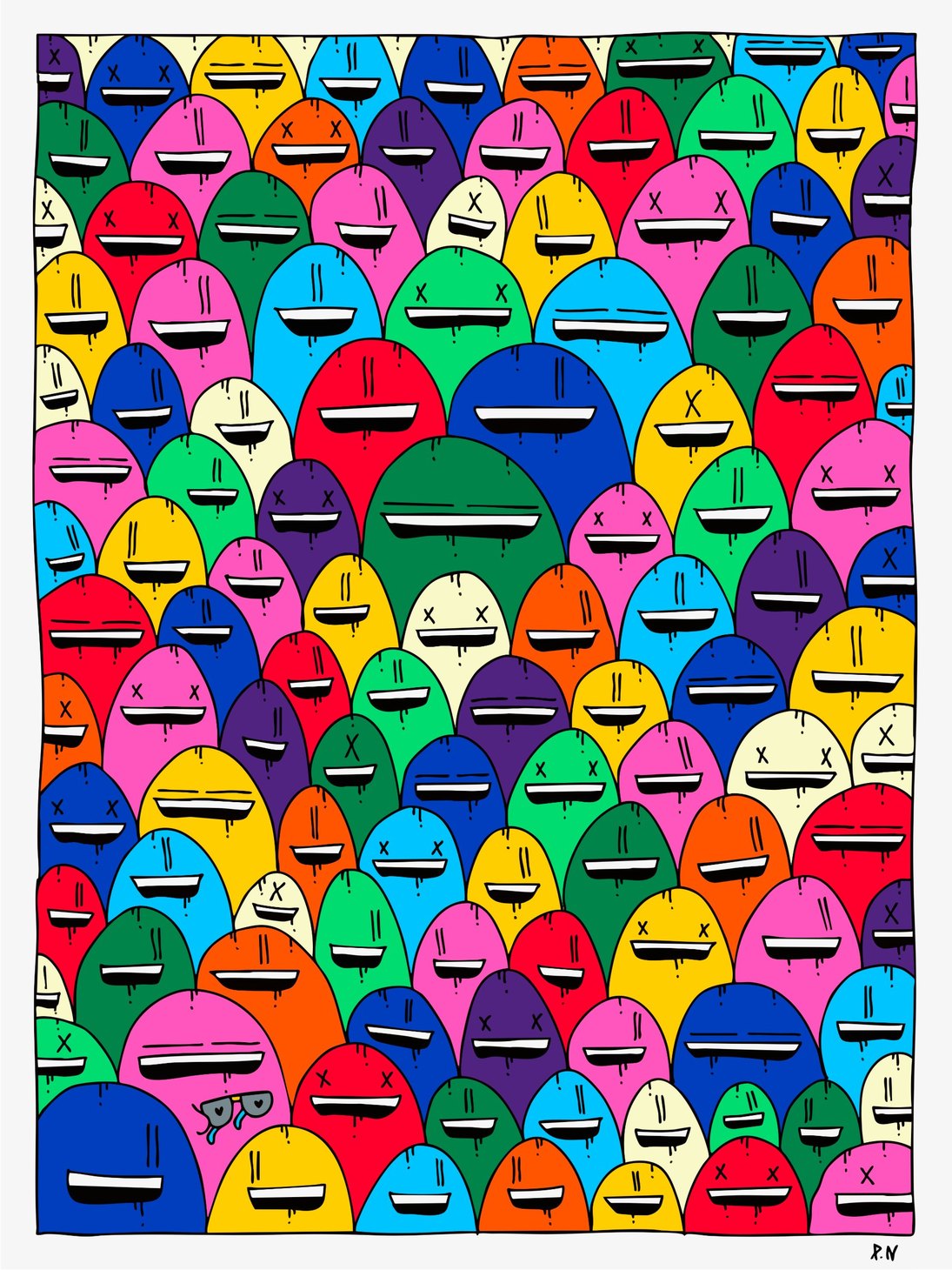 Tableau de Petit Niochi, foule de personnages multicolores